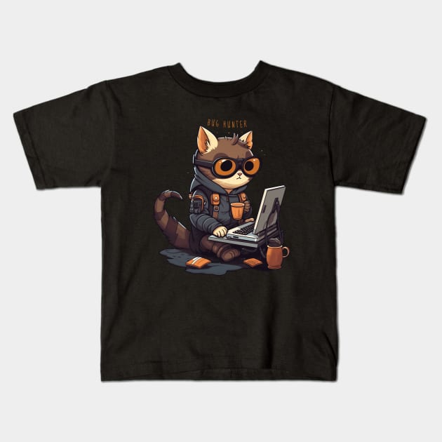 Funny Programmer Cute Cat Bug Hunter Kids T-Shirt by origato